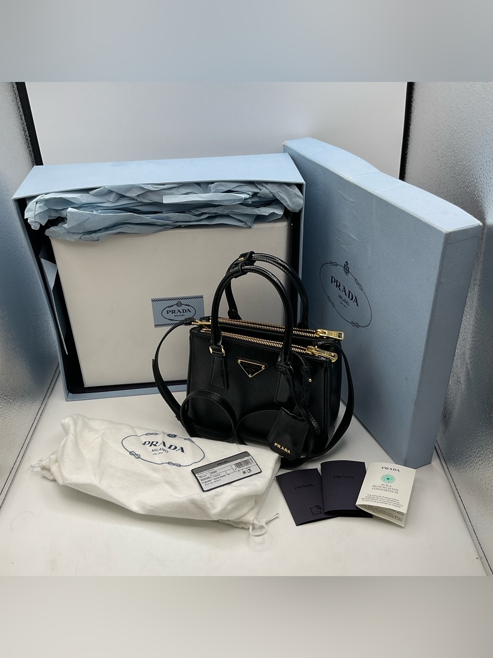 Prada Galleria Mini Saffiano Vernic 1BA906 Black Handbag With Strap And Boxes